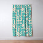 Mid Century Modern Piquet Geometric Multi Pattern in Aqua Turquoise Teal and Cream Beige Window Curtain Gallery Image 3