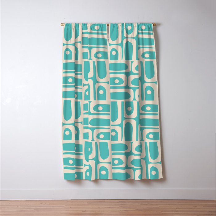 Mid Century Modern Piquet Geometric Multi Pattern in Aqua Turquoise Teal and Cream Beige Window Curtain Gallery Image 3