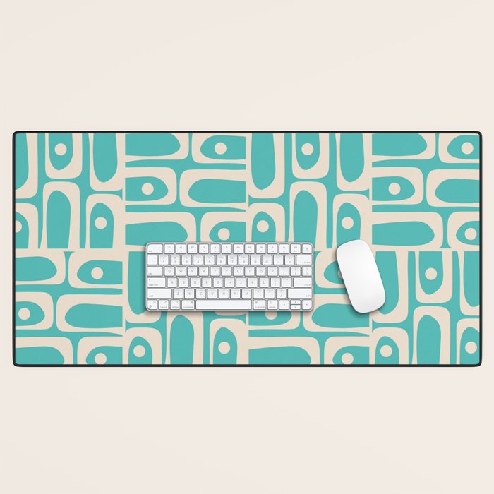 Mid Century Modern Piquet Geometric Multi Pattern in Aqua Turquoise Teal and Cream Beige Desk Mat Gallery Image 1