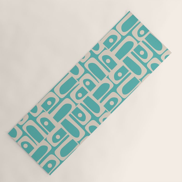 Mid Century Modern Piquet Geometric Multi Pattern in Aqua Turquoise Teal and Cream Beige Yoga Mat Gallery Image 1