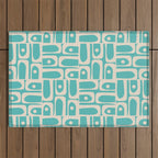 Mid Century Modern Piquet Geometric Multi Pattern in Aqua Turquoise Teal and Cream Beige Outdoor Rug Gallery Image 1