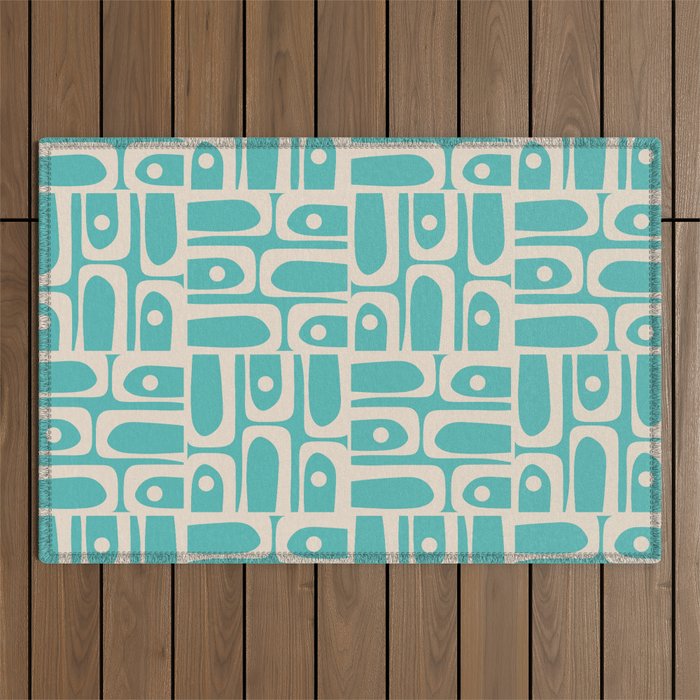 Mid Century Modern Piquet Geometric Multi Pattern in Aqua Turquoise Teal and Cream Beige Outdoor Rug Gallery Image 1