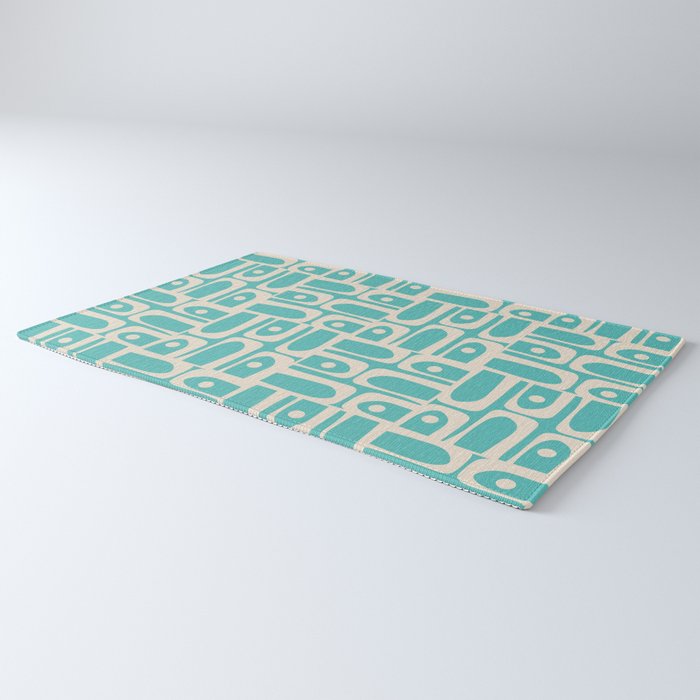 Mid Century Modern Piquet Geometric Multi Pattern in Aqua Turquoise Teal and Cream Beige Rug Gallery Image 3