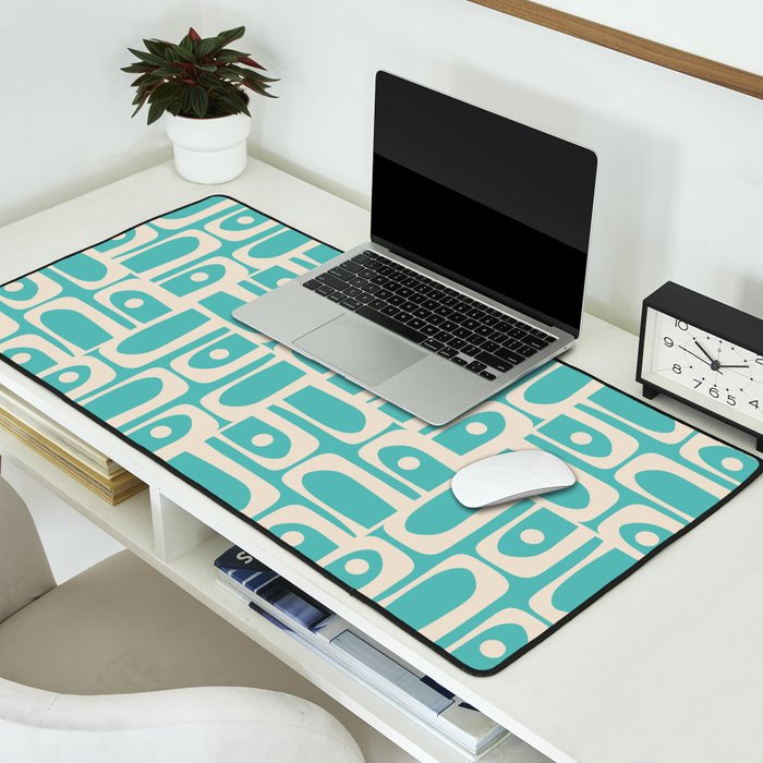 Mid Century Modern Piquet Geometric Multi Pattern in Aqua Turquoise Teal and Cream Beige Desk Mat Gallery Image 2