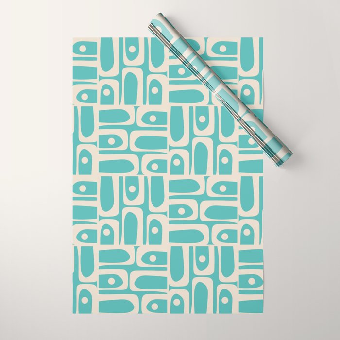 Mid Century Modern Piquet Geometric Multi Pattern in Aqua Turquoise Teal and Cream Beige Wrapping Paper Gallery Image 1