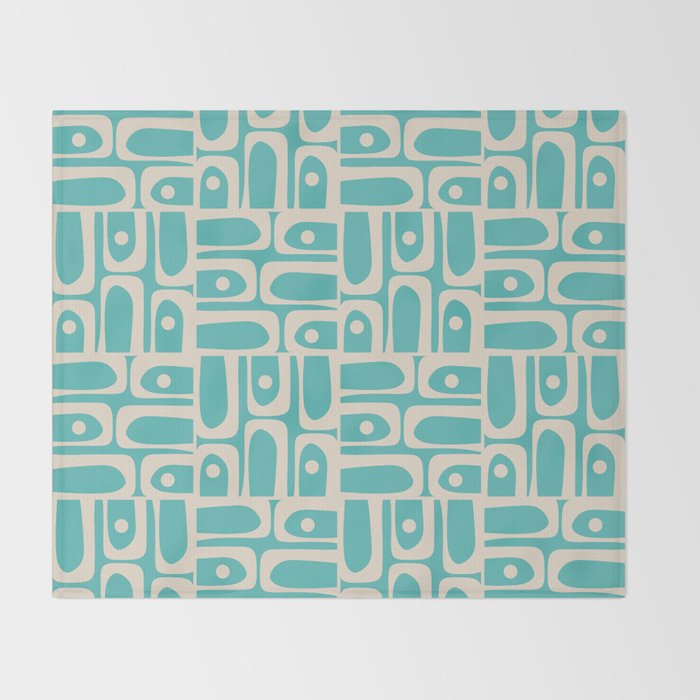 Mid Century Modern Piquet Geometric Multi Pattern in Aqua Turquoise Teal and Cream Beige Throw Blanket Gallery Image 2