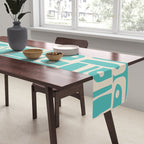 Mid Century Modern Piquet Geometric Multi Pattern in Aqua Turquoise Teal and Cream Beige Table Runner Gallery Image 2