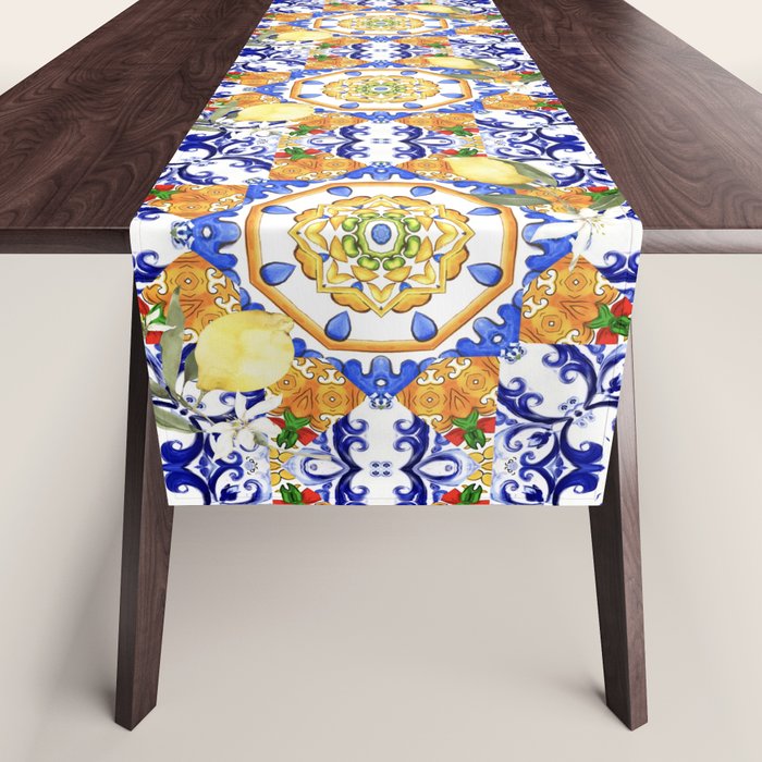 Summer,citrus,mosaic,lemon fruit,Mediterranean art Table Runner Gallery Image 1