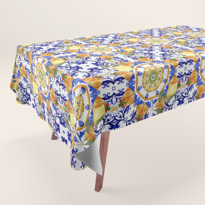 Summer,citrus,mosaic,lemon fruit,Mediterranean art Tablecloth Gallery Image 1