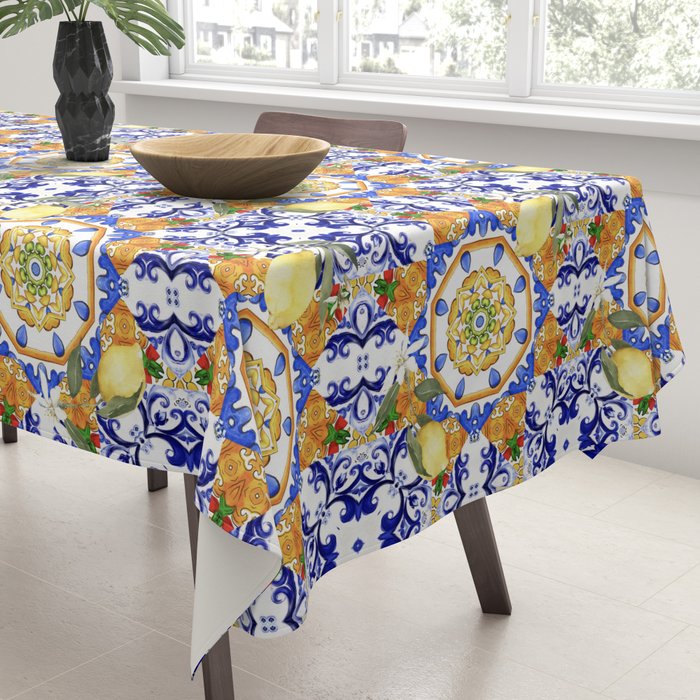 Summer,citrus,mosaic,lemon fruit,Mediterranean art Tablecloth Gallery Image 3