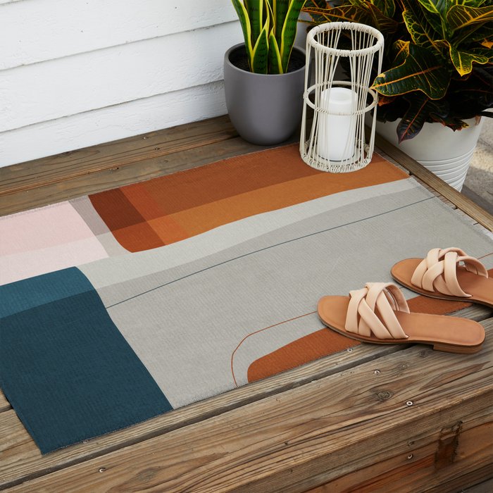 Burnt Orange Navy Abstract Shapes Outdoor Rug Gallery Image 2