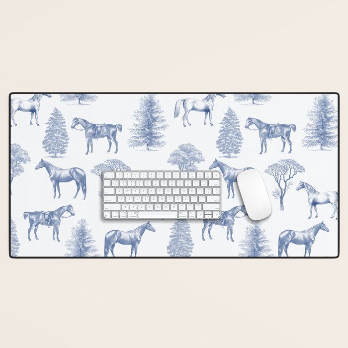 HORSES and TREES Blue Monochrome Toile Pattern  Desk Mat Gallery Image 1