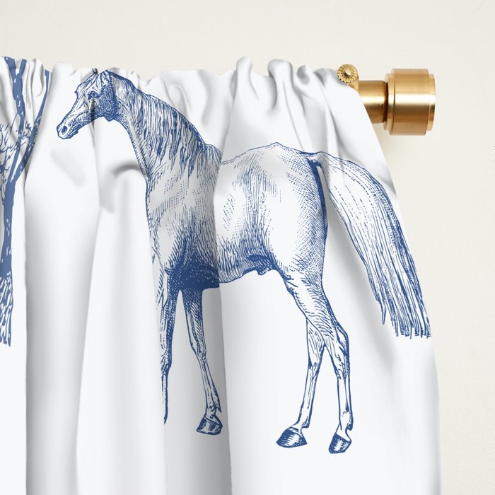 HORSES and TREES Blue Monochrome Toile Pattern  Window Curtain Gallery Image 2