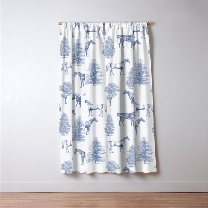 HORSES and TREES Blue Monochrome Toile Pattern  Window Curtain Gallery Image 3