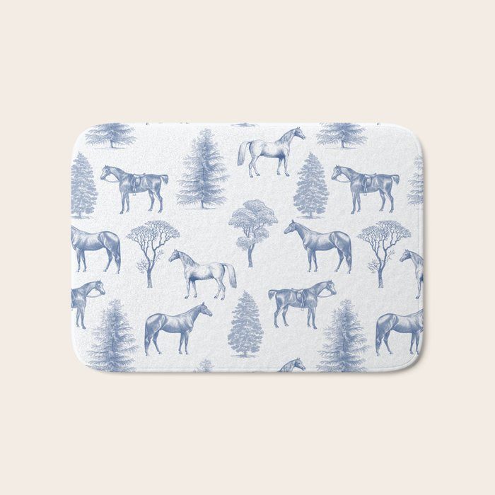 HORSES and TREES Blue Monochrome Toile Pattern  Bath Mat Gallery Image 1