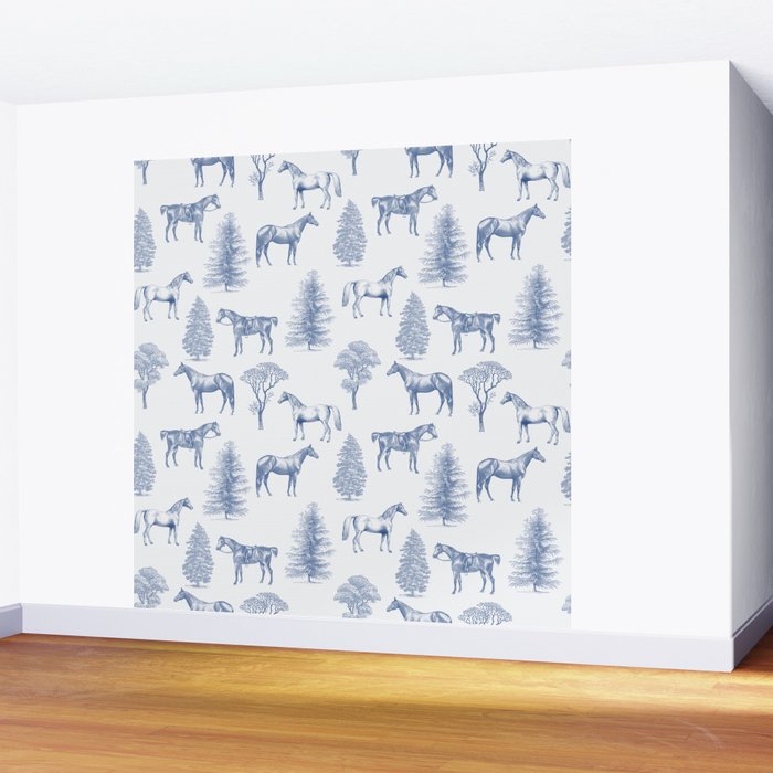 HORSES and TREES Blue Monochrome Toile Pattern  Wall Mural Gallery Image 2