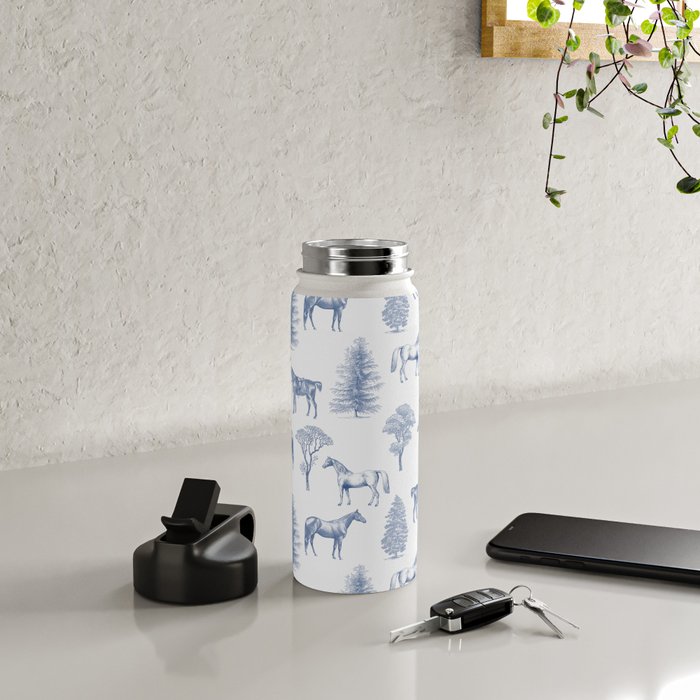 HORSES and TREES Blue Monochrome Toile Pattern  Water Bottle Gallery Image 4
