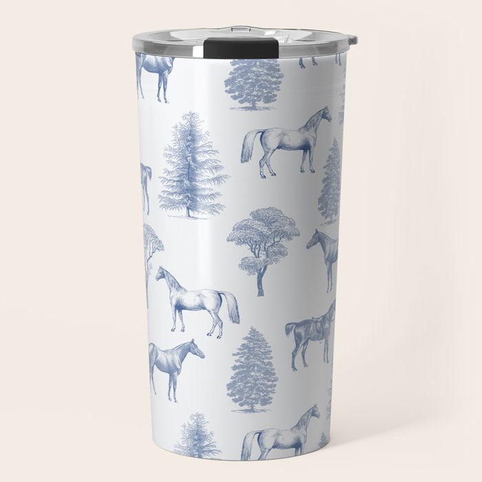 HORSES and TREES Blue Monochrome Toile Pattern  Travel Mug Gallery Image 1