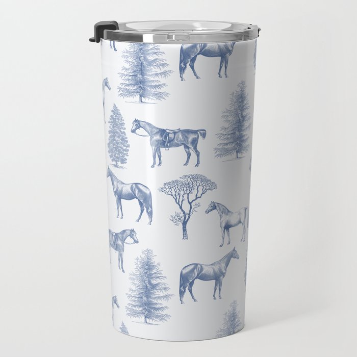 HORSES and TREES Blue Monochrome Toile Pattern  Travel Mug Gallery Image 3