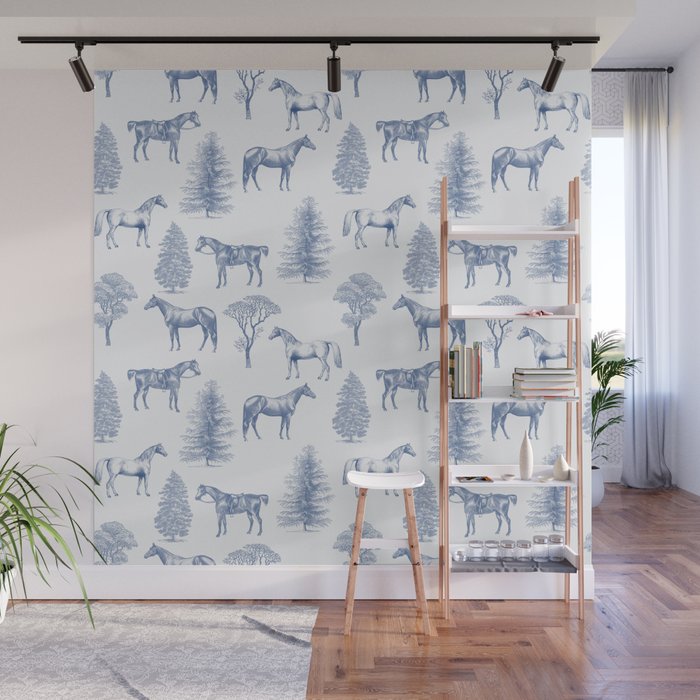 HORSES and TREES Blue Monochrome Toile Pattern  Wall Mural Gallery Image 1