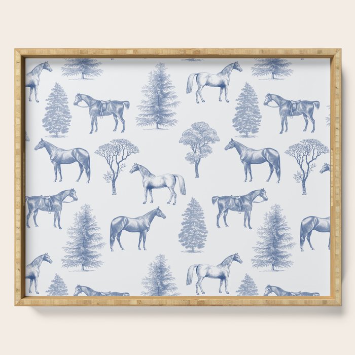 HORSES and TREES Blue Monochrome Toile Pattern  Serving Tray Gallery Image 1