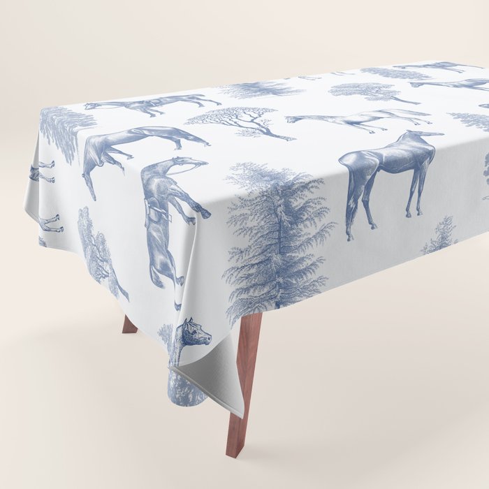 HORSES and TREES Blue Monochrome Toile Pattern  Tablecloth Gallery Image 1