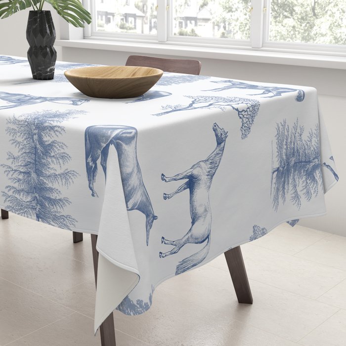 HORSES and TREES Blue Monochrome Toile Pattern  Tablecloth Gallery Image 3