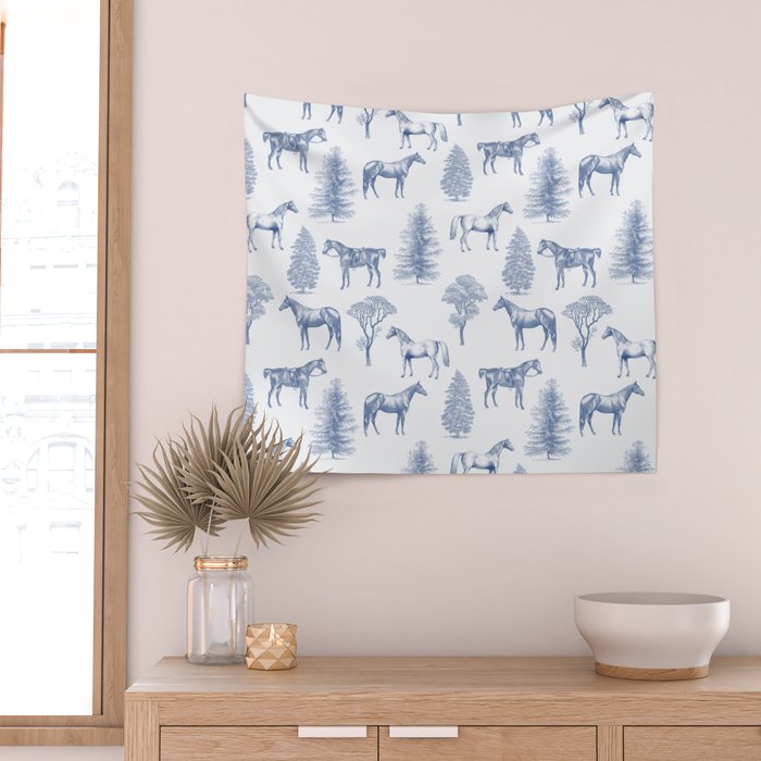 HORSES and TREES Blue Monochrome Toile Pattern  Wall Tapestry Gallery Image 2
