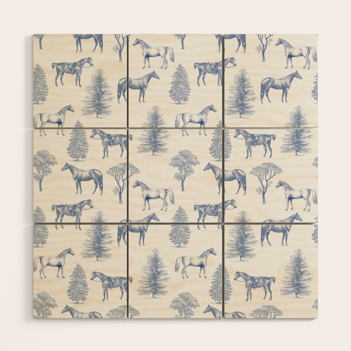 HORSES and TREES Blue Monochrome Toile Pattern  Wood Wall Art Gallery Image 1