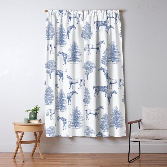 HORSES and TREES Blue Monochrome Toile Pattern  Window Curtain Gallery Image 5