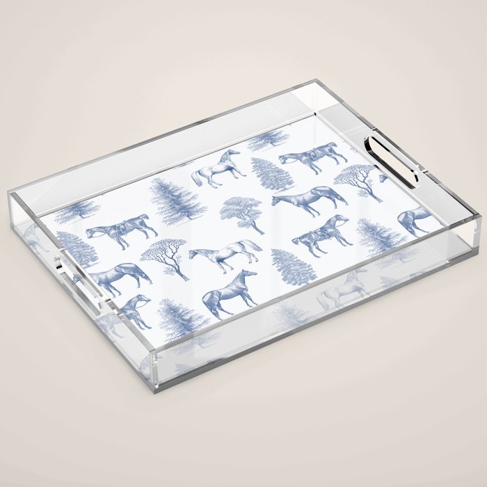 HORSES and TREES Blue Monochrome Toile Pattern  Acrylic Tray Gallery Image 1