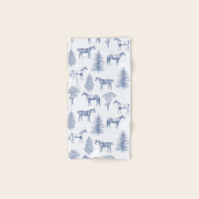 HORSES and TREES Blue Monochrome Toile Pattern  Bath Towel Gallery Image 1