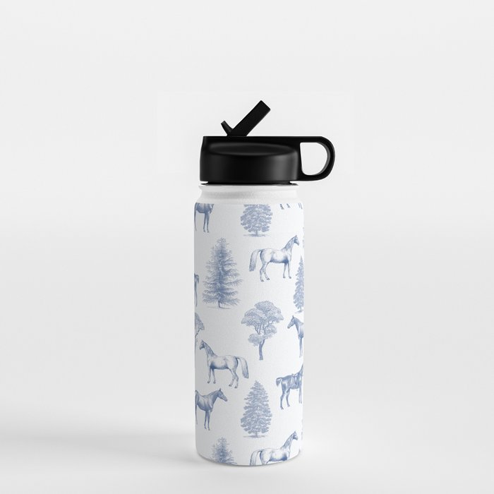 HORSES and TREES Blue Monochrome Toile Pattern  Water Bottle Gallery Image 1