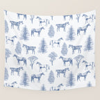 HORSES and TREES Blue Monochrome Toile Pattern  Wall Tapestry Gallery Image 4