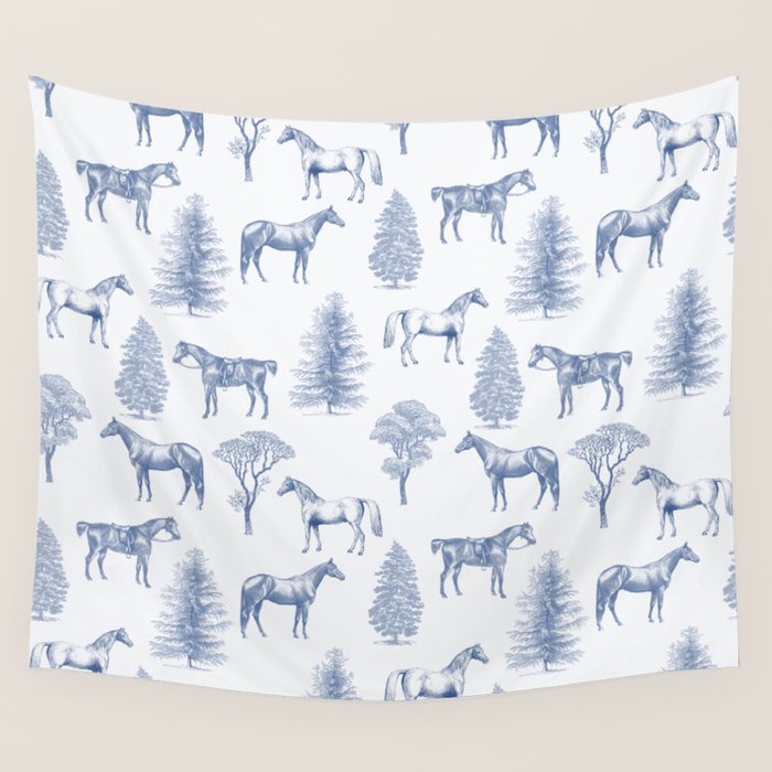 HORSES and TREES Blue Monochrome Toile Pattern  Wall Tapestry Gallery Image 4