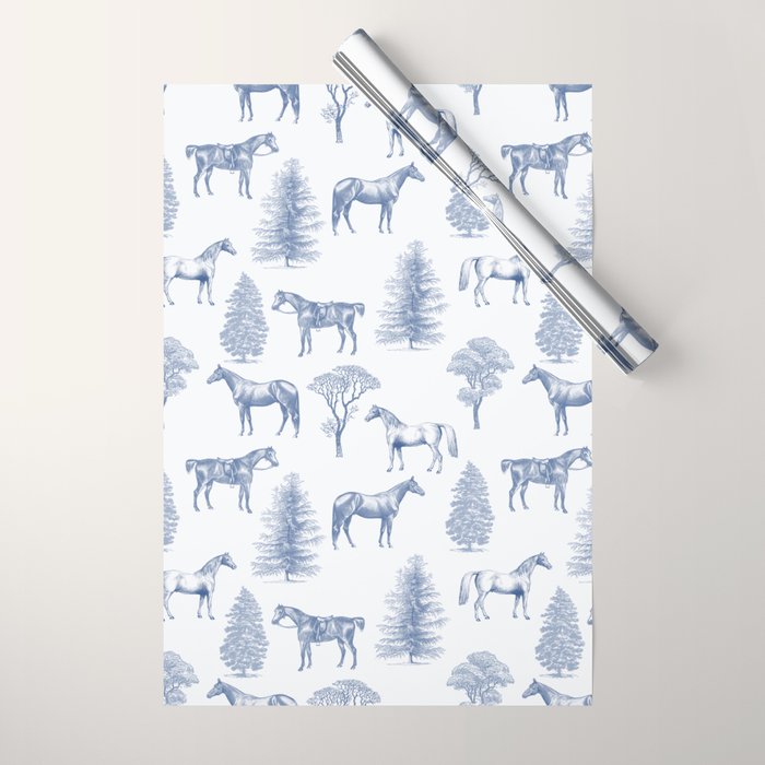 HORSES and TREES Blue Monochrome Toile Pattern  Wrapping Paper Gallery Image 1