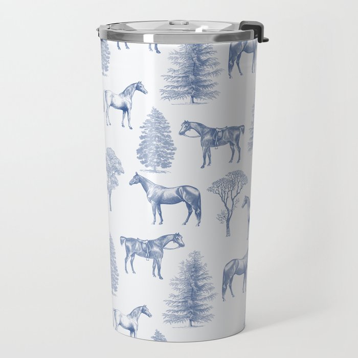 HORSES and TREES Blue Monochrome Toile Pattern  Travel Mug Gallery Image 2