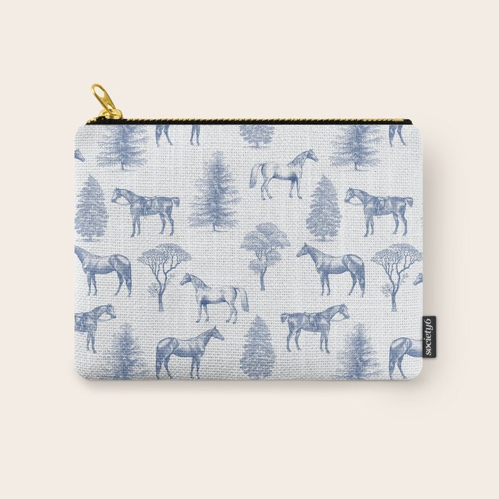 HORSES and TREES Blue Monochrome Toile Pattern  Carry All Pouch Gallery Image 1