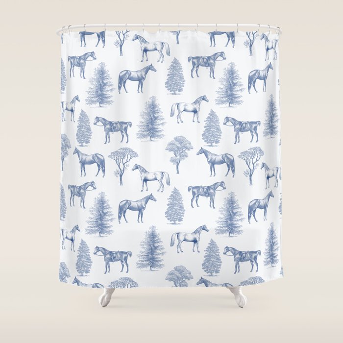 HORSES and TREES Blue Monochrome Toile Pattern  Shower Curtain Gallery Image 1