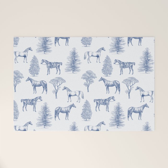 HORSES and TREES Blue Monochrome Toile Pattern  Welcome Mat Gallery Image 1