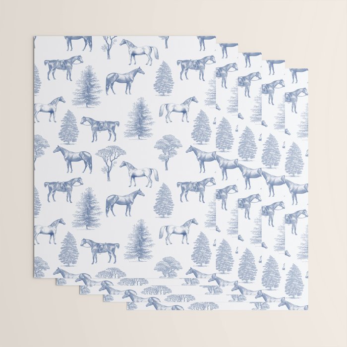 HORSES and TREES Blue Monochrome Toile Pattern  Wrapping Paper Gallery Image 3