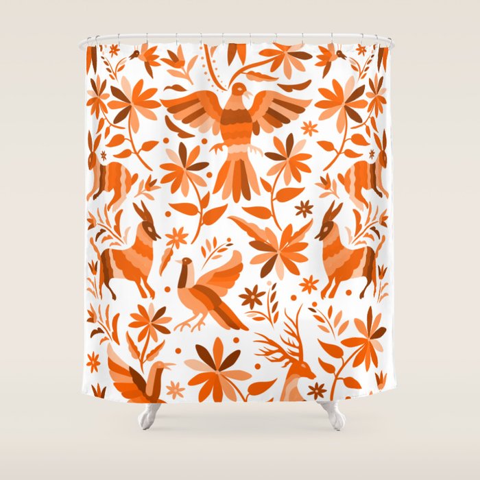 Mexican Otomí Design in Orange Color by Akbaly Shower Curtain Gallery Image 1