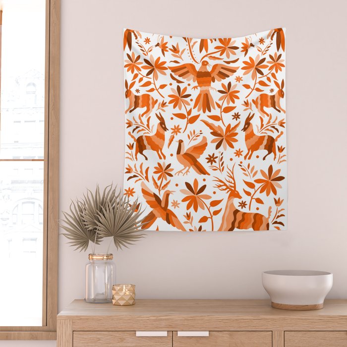 Mexican Otomí Design in Orange Color by Akbaly Wall Tapestry Gallery Image 2