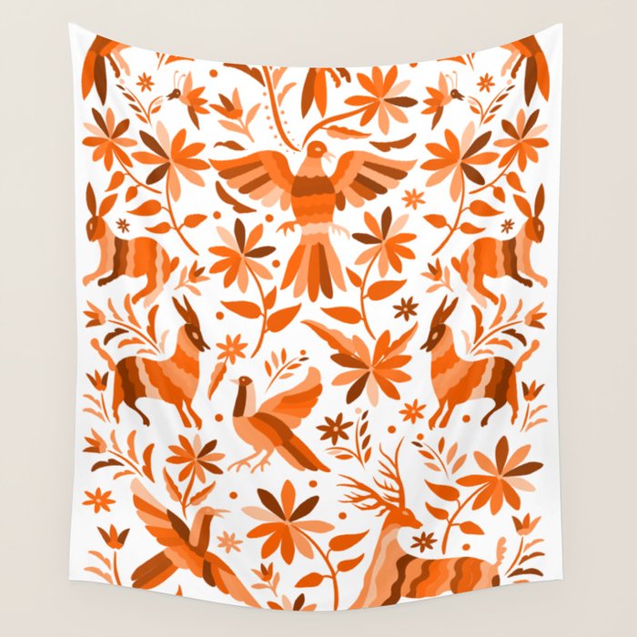 Mexican Otomí Design in Orange Color by Akbaly Wall Tapestry Gallery Image 4
