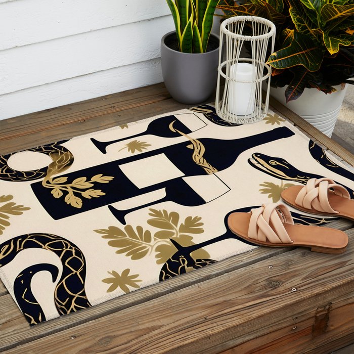 Snakes & Wines, Not Quite Sure If There Were Ladders | Animals Whimsical Drinking Party, Quirky Illustration Line Drawing Wine Alcohol, Vines Game Mystery Sketch Outdoor Rug Gallery Image 2
