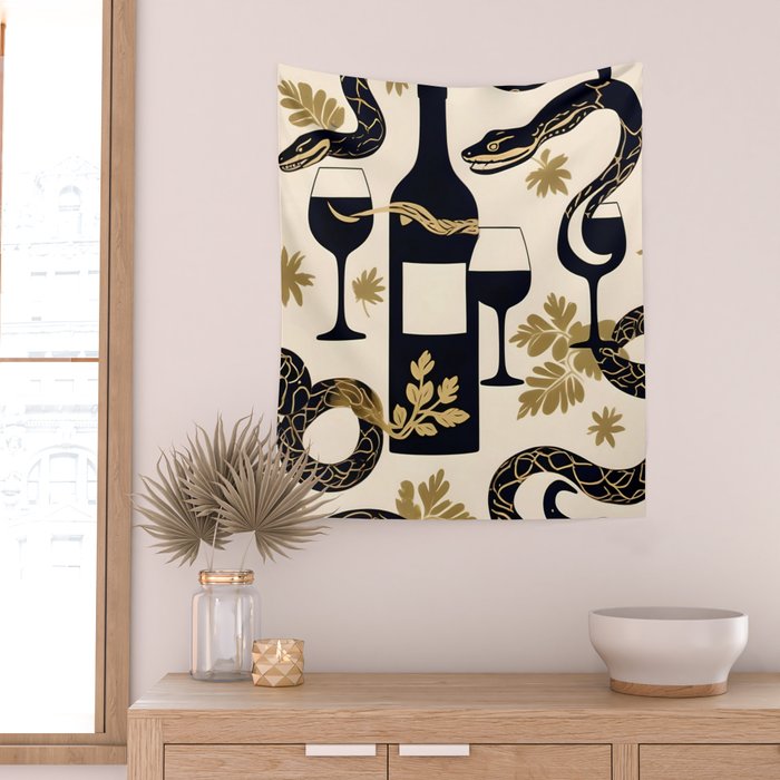 Snakes & Wines, Not Quite Sure If There Were Ladders | Animals Whimsical Drinking Party, Quirky Illustration Line Drawing Wine Alcohol, Vines Game Mystery Sketch Wall Tapestry Gallery Image 2