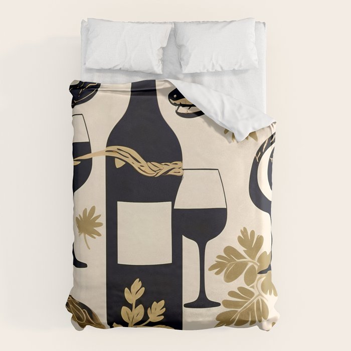Snakes & Wines, Not Quite Sure If There Were Ladders | Animals Whimsical Drinking Party, Quirky Illustration Line Drawing Wine Alcohol, Vines Game Mystery Sketch Duvet Cover Gallery Image 1