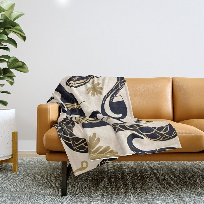Snakes & Wines, Not Quite Sure If There Were Ladders | Animals Whimsical Drinking Party, Quirky Illustration Line Drawing Wine Alcohol, Vines Game Mystery Sketch Throw Blanket Gallery Image 1