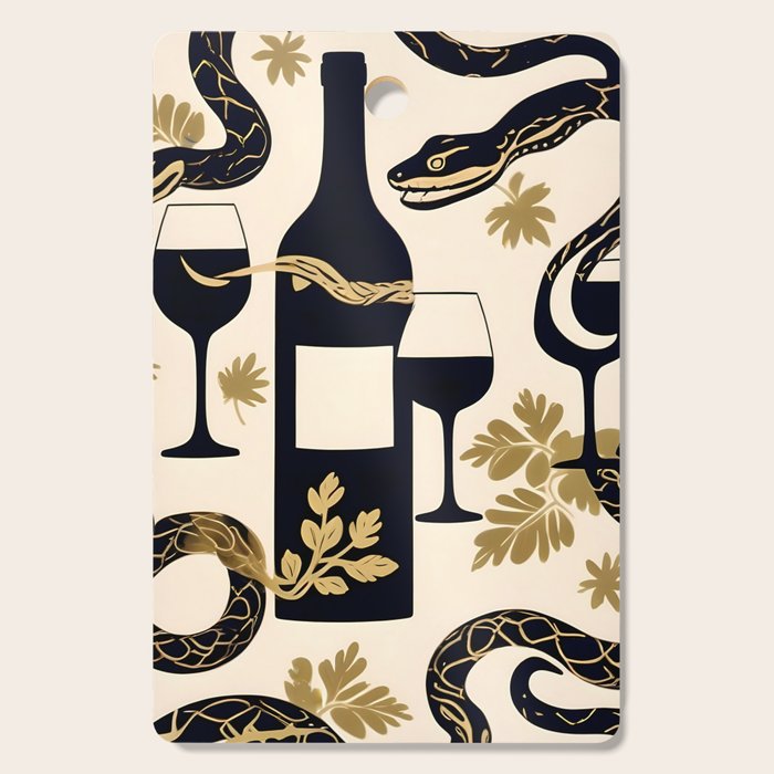 Snakes & Wines, Not Quite Sure If There Were Ladders | Animals Whimsical Drinking Party, Quirky Illustration Line Drawing Wine Alcohol, Vines Game Mystery Sketch Cutting Board Gallery Image 1