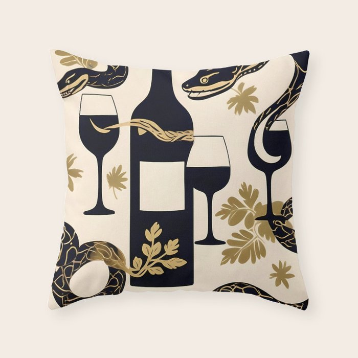 Snakes & Wines, Not Quite Sure If There Were Ladders | Animals Whimsical Drinking Party, Quirky Illustration Line Drawing Wine Alcohol, Vines Game Mystery Sketch Throw Pillow Gallery Image 6